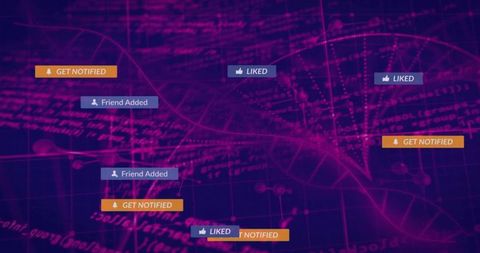 Neon DNA Data Stream with Social Media Notifications and Holographic UI Elements