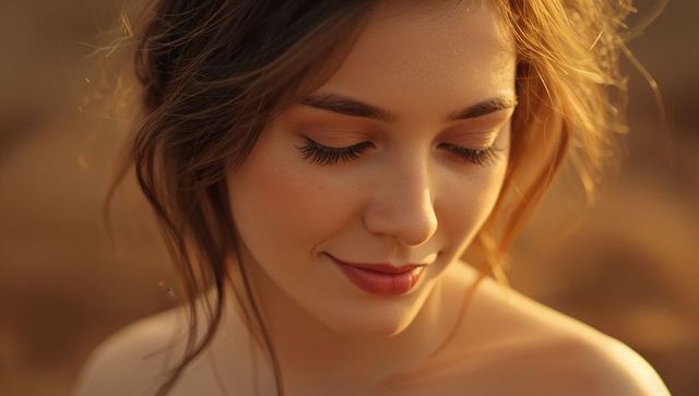 Golden hour portrait of young woman with soft makeup and glowing sunlit skin