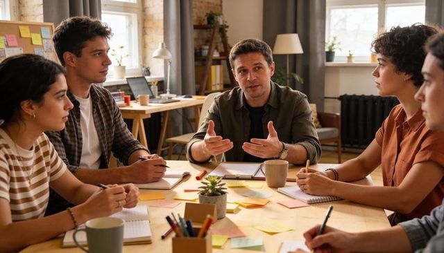 Facilitator leading team brainstorming in casual wooden workspace with sticky notes