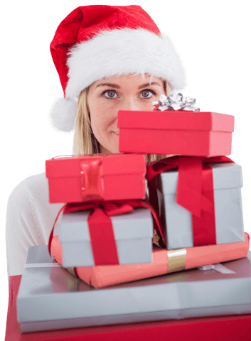 Festive Blonde Wearing Santa Hat Holding Transparent Gift Pile