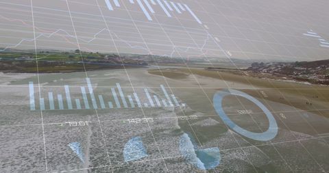 Financial data overlay curves over coastal seascape
