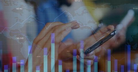 Businessperson interacting with digital market charts on smartphone