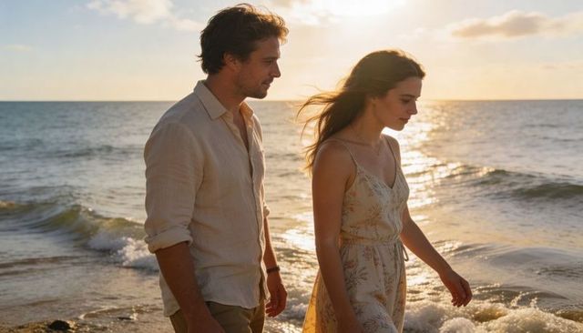 Couple walking on beach at sunset wearing linen shirt and floral dress
