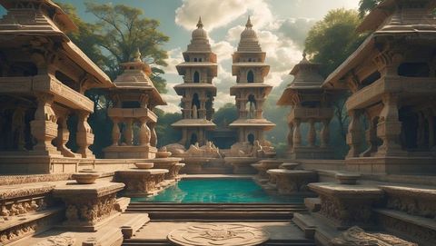 Tranquil heritage temple courtyard with pool and stone spires