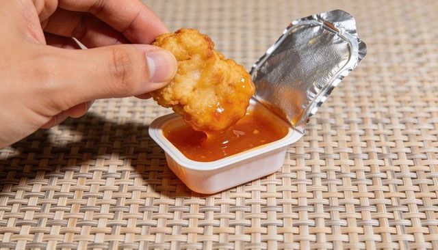 Hand dipping crispy chicken nugget into sweet chili sauce over beige woven placemat close-up