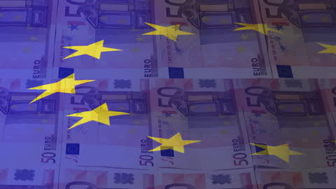 European Union Flag Overlay on Euro Currency Background