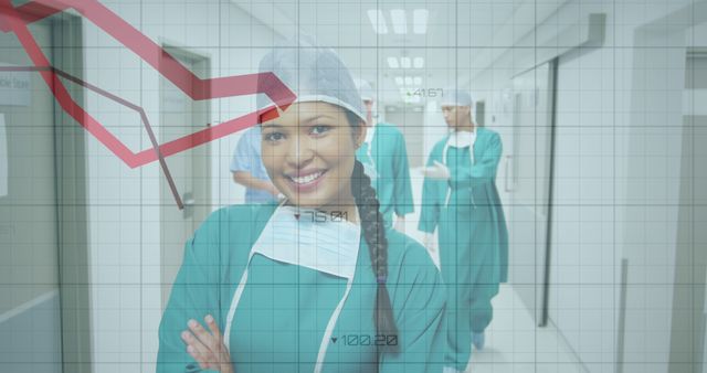 Confident Surgeon Smiling Against Declining Graph Background in Hospital Corridor - Download Free Stock Images Pikwizard.com