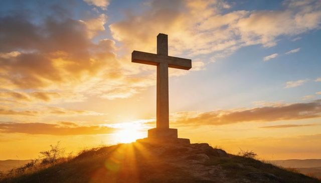 Hilltop cross at sunrise with golden rays and dramatic silhouette for spiritual use
