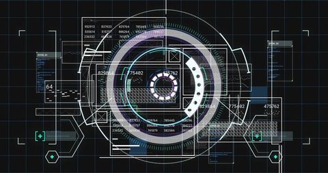 Rotating futuristic hud interface with concentric rings, translucent data panels on grid