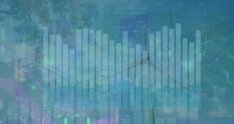 Visually representing the convergence of finance and renewable energy technology, this animation features a blend of dynamic financial charts and wind turbines. Ideal for use in presentations, articles, or reports centered on sustainable business, global market trends, or technological advancements in finance and renewable energies. The vibrant overlapping graphics depict the interconnectedness of ecological awareness with financial dynamics.