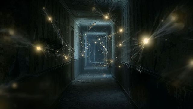 Ethereal Golden Orbs in Dark Dusty Corridor