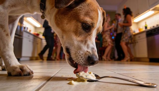 Curious dog licking spilled cream from spoon on tiled floor during lively kitchen party
