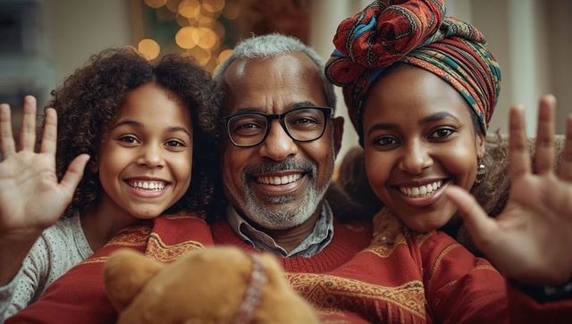 Happy Multi-Generational Family Waving on Cozy Living Room Couch