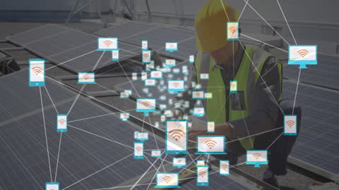 Engineer Working on Solar Panel with Connected Digital Network