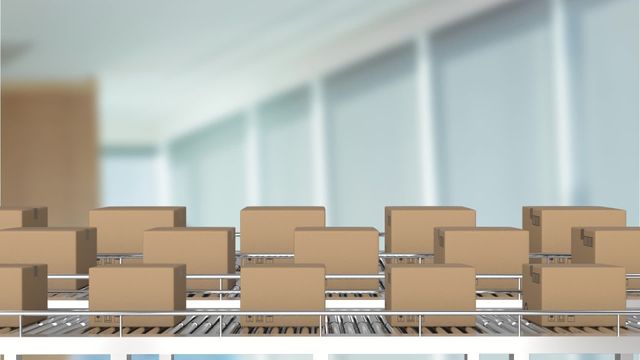 Cardboard boxes on conveyor belts in an automated warehouse present an efficient logistics scenario. This visual can be used in presentations about supply chain management, transportation, shipping services, and warehouse automation. Suitable for articles and content related to global logistics, delivery services, and modern distribution methods.