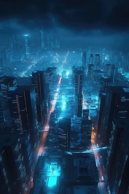 Skyscrapers and blue neon lights at night in cityscape, created using generative ai technology. Sci fi, cyberpunk, fantasy architecture and futuristic city concept digitally generated image.