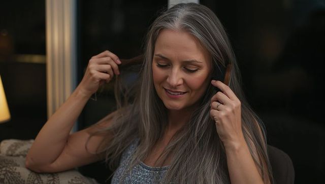 Middle-aged woman brushing gray hair, holding phone, wearing sleeveless sequin top