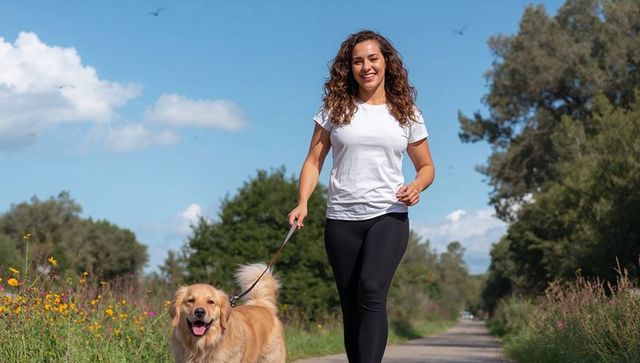 Happy woman walking golden retriever on sunlit country trail with wildflowers