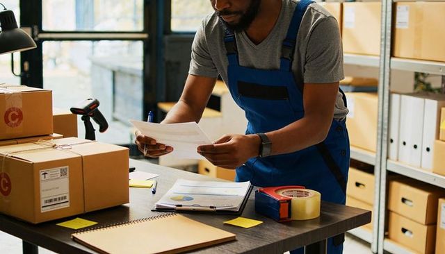 Bearded worker checking shipping documents at packing table in busy warehouse fulfillment