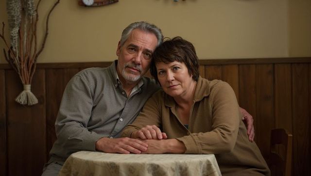 Senior couple holding hands in cozy home nook showing affection and companionship