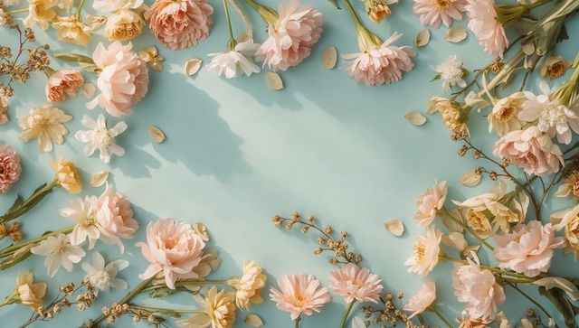 Framing pastel peony and daisy border on soft blue backdrop for romantic spring stationery