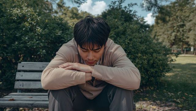 Young man leaning on bench sitting contemplative outdoors surrounded by green hedge