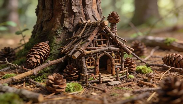 Miniature twig cottage nestling in mossy forest floor with pinecones and tree trunk