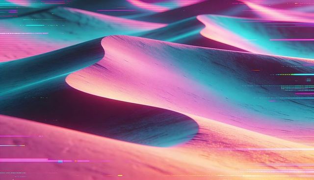 Neon desert dunes with magenta cyan glow, glitch light trails, surreal sandscape