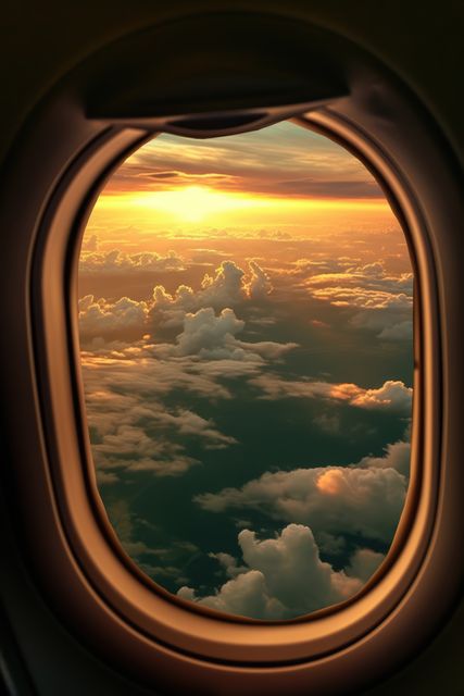 Sky with clouds and sunset seen through airplane window, created using generative ai technology. Air travel and outside airplane window concept digitally generated image.