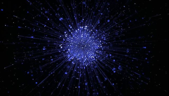 Blue cosmic burst radiating light rays and particle bokeh on dark space background