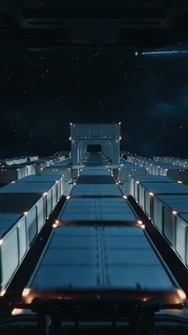 Thrusters Firing Probe Traversing Cargo Corridor Inside Orbital Station Vertical Video
