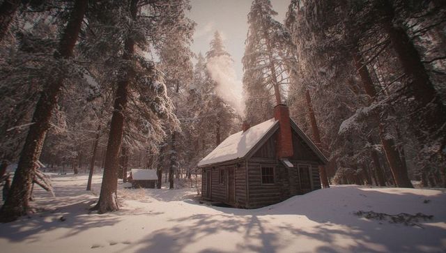 Rustic Cabin in Snowy Forest with Smoking Chimney