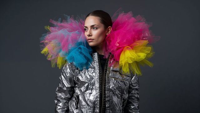 Posing model in reflective silver puffer jacket with neon tulle ruff for couture portrait