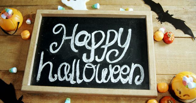 Chalkboard with message 'Happy Halloween' surrounded by festive decorations, including small pumpkins, bats, and candy. Ideal for Halloween-themed parties, social media posts, invitations, or seasonal decorations. Vibrant and festive with a warm wooden background.