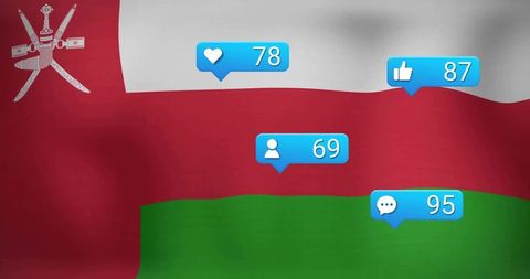 Oman flag displaying social media engagement icons likes followers comments metrics