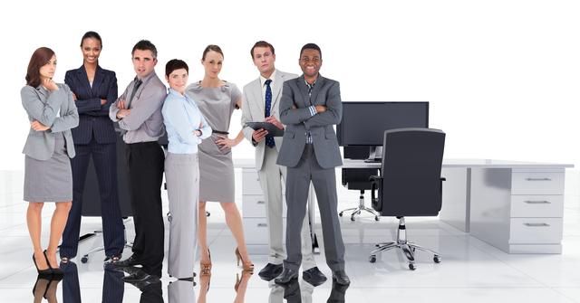 Digital composition of businesspeople standing with arms crossed in office