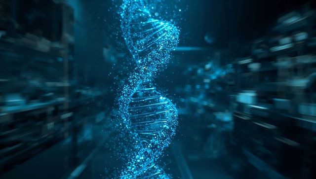 Rotating glowing dna helix emitting particle trails in futuristic high-tech lab environment