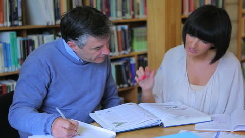 Man and Woman Collaborating at Library Desk