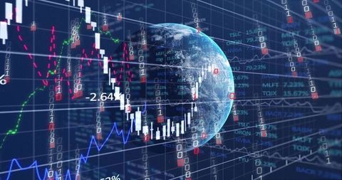 Rotating Earth Showing Candlestick Charts, Binary Columns and Global Finance Analytics
