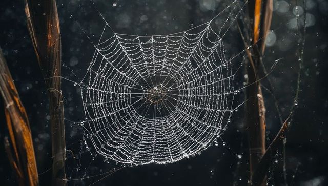 Dew-Covered Orb Web Glowing at Dawn on Dried Grass Stems with Intricate Droplet Lace