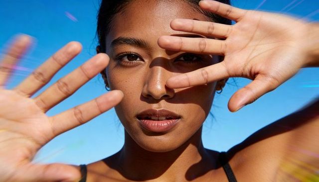 Sunlit closeup portrait of woman shielding face with hands against bright blue sky