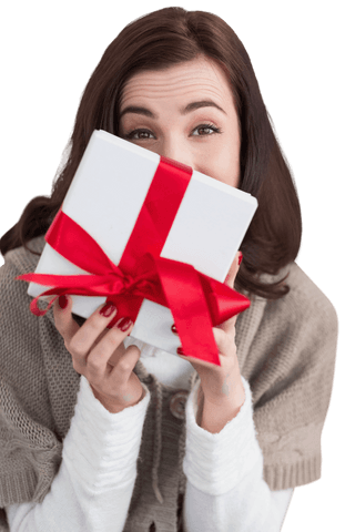 Joyful Woman Holding Christmas Gift with Red Ribbon on Transparent Background