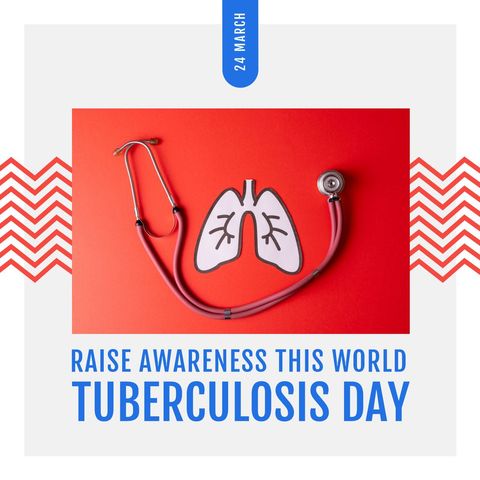 Illustration highlighting World Tuberculosis Day with a focus on awareness. Features stethoscope forming part of a lung symbol placed on red background, emphasizing the importance of lung health. Useful for campaigns, educational materials, and social media posts on tuberculosis prevention methods and public health initiatives.