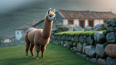 Tranquil brown llama grazes in idyllic highland scenery