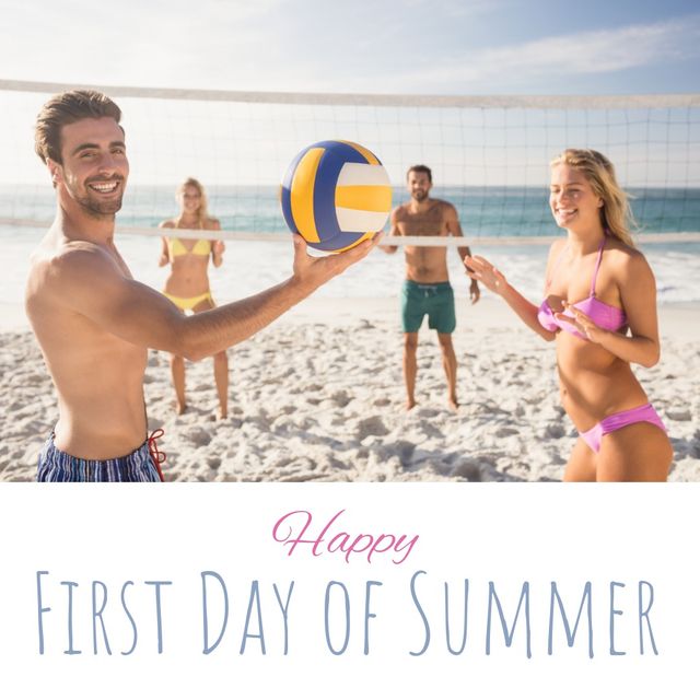 Digital composite image of first day of summer text with caucasian couples playing volleyball. beach holiday and bonding games concept.