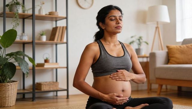 Pregnant woman practicing mindfulness meditation at home hands on belly prenatal wellness