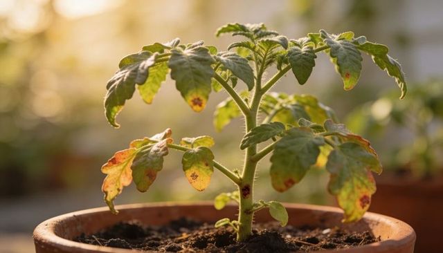 Tomato seedling showing early blight spots in terracotta pot backlit by warm sunlight