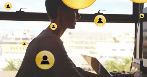 Professional Woman Typing with Overlaid Social Icons - Download Free Stock Images Pikwizard.com