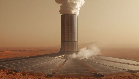 Martian solar tower emitting steam radial thermal collector array red desert plain