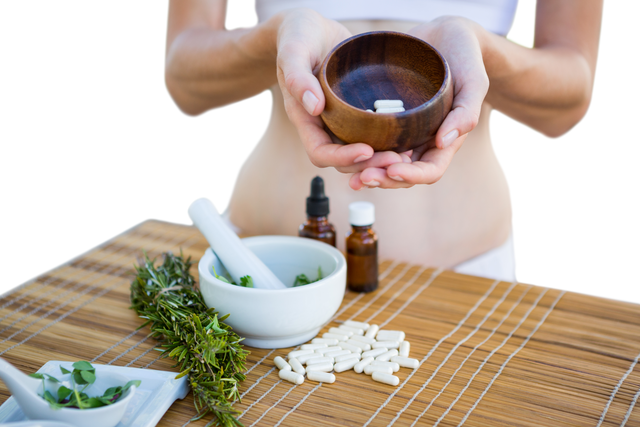 Transparent Fit Woman Showing Bowl of Pills Near Natural Herbs - Download Free Stock Videos Pikwizard.com